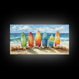 Colorful surfboards Christmas wall art, beach holiday decor, coastal Christmas art, framed canvas print, tropical Christmas art gift