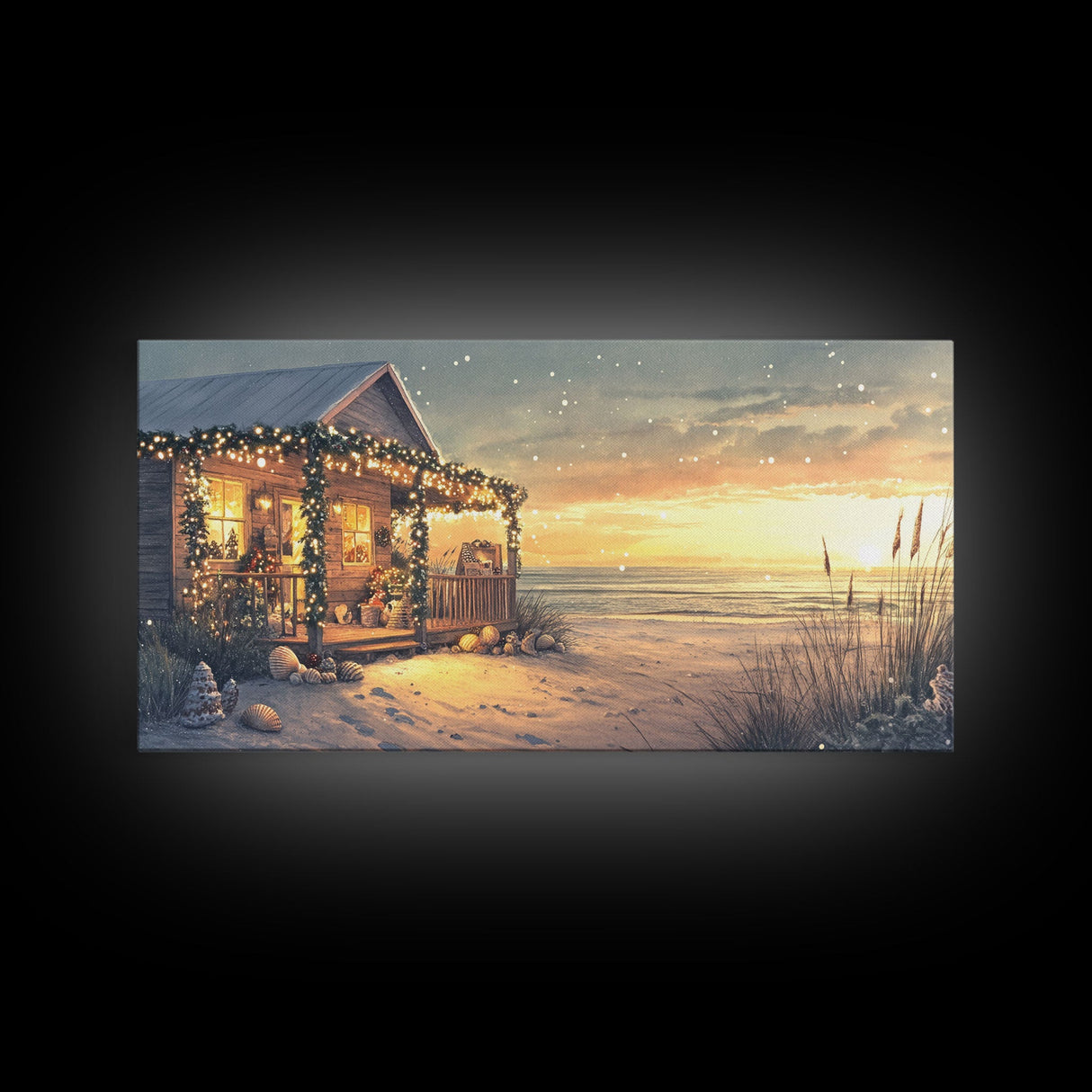 Christmas beach house decor, coastal holiday home art, seaside Christmas wall art, festive beach house print, framed canvas print