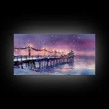 Snow-Covered Pier at Dusk with Christmas Lights, Framed Canvas Print, Coastal Holiday Decor, Winter Wonderland, Nautical Christmas Wall Art