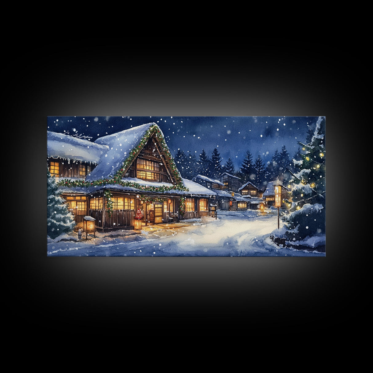 Cozy Snowy Christmas Cabin Scene Canvas Print | Winter Wonderland Christmas Wall Art | Rustic Christmas Decor | 2024 Holiday Art Gift