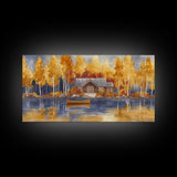 Lakeside cabin in autumn, framed canvas print, cozy fall decor, rustic cabin home decor, fall landscape wall art, perfect autumn gift idea