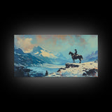 Smiling cowgirl in snow with autumn trees, Framed Canvas Print, rustic wall art winter autumn, tall art piece farmhouse country decor