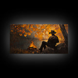 Cozy autumnal Framed Canvas Print featuring a woman with a mug, surrounded by vibrant fall leaves, perfect seasonal wall art for cozy spaces