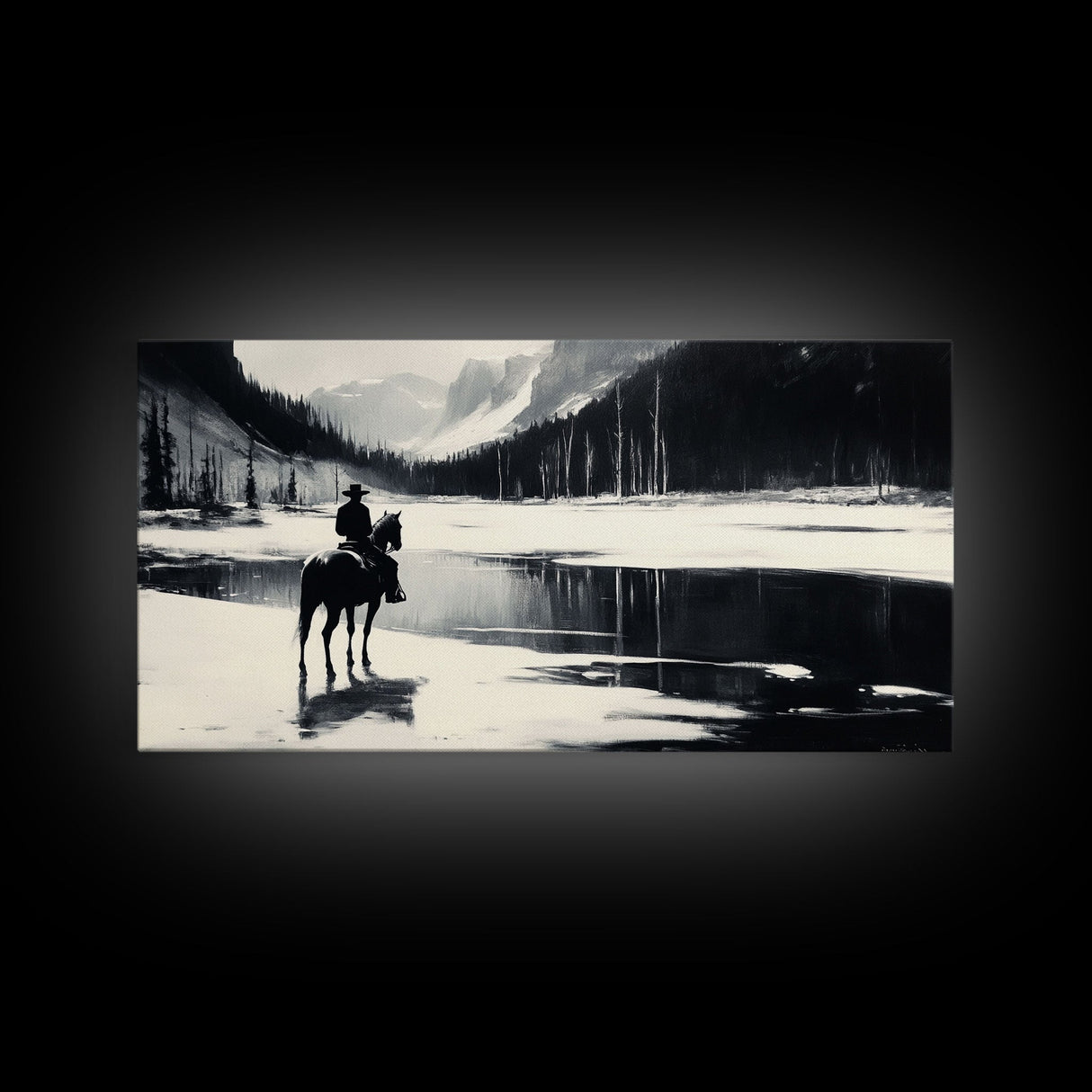 Snowy Framed Canvas Print of a woman in a cowboy hat holding a hot drink in a winter forest setting, rustic holiday decor and wall art