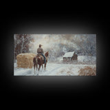 Autumn-themed Framed Canvas Print of a cowgirl in a pumpkin patch surrounded by vibrant fall leaves, seasonal decor and cozy fall accents