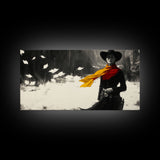Bold Framed Canvas Print of a Cowgirl Riding Through Snow, Western Horse Art, Dynamic Winter Wall Decor and Christmas Holiday Gift Idea