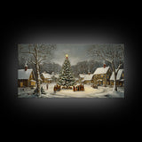 Large Christmas Tree In Snowy Village With Families, Winter Wonderland Holiday Wall Art, Framed Canvas Print, Rustic Christmas Decor