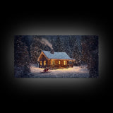 Cozy Cabin in Snow Framed Canvas Print, Winter Wonderland Scene Art, Rustic Christmas Decor, Holiday Wall Art, Seasonal Gift Idea
