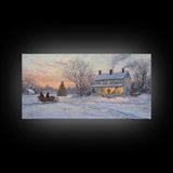 Horse Drawn Sleigh Ride Framed Canvas Print, Winter Wonderland Christmas Scene Art, Vintage Farmhouse Christmas Wall Art Gift Idea