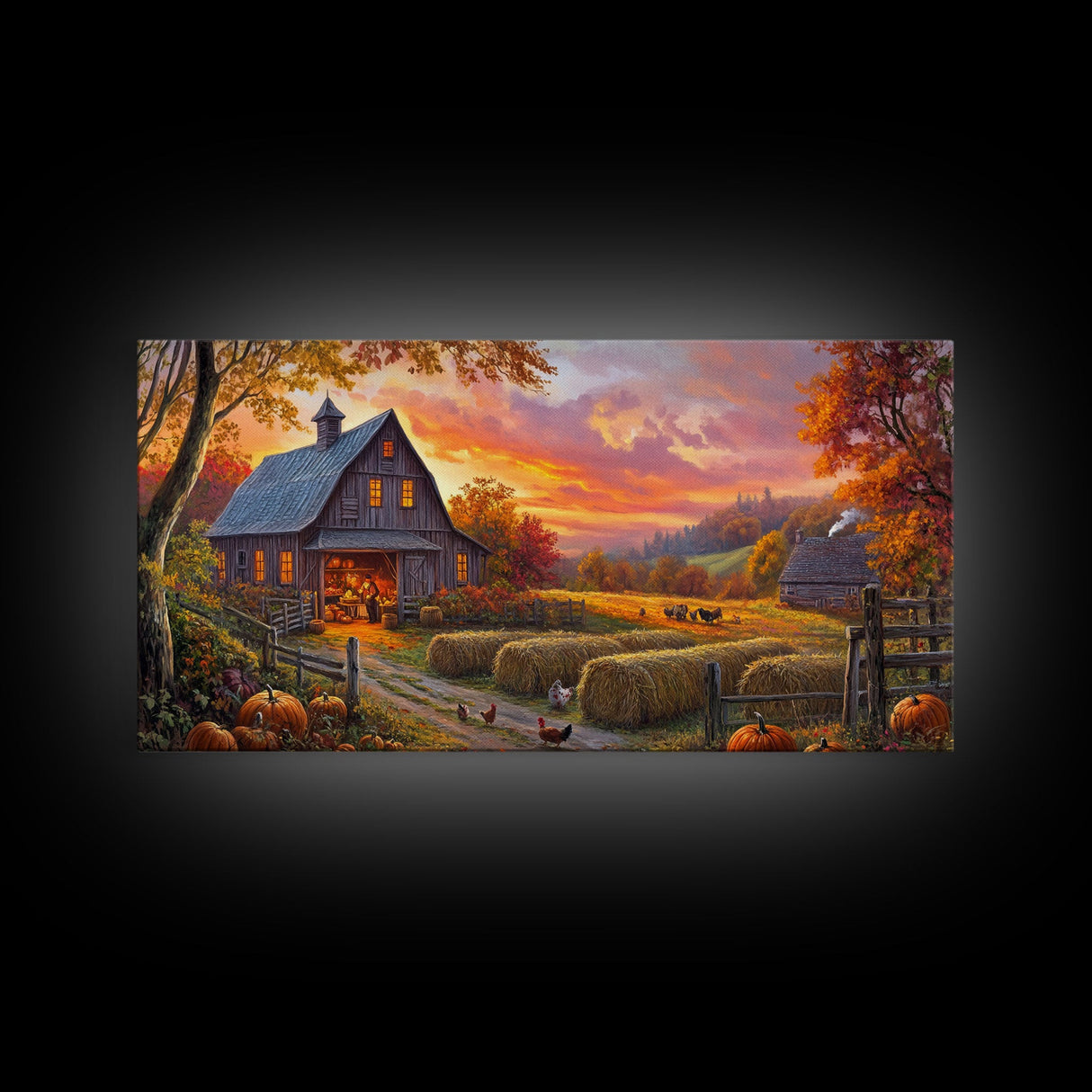 Cozy Barn at Sunset Framed Canvas Print, Fall Harvest Wall Art, Country Farmhouse Autumn Decor, Seasonal Gift Idea Best Fall Wall Art