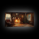Vintage Christmas Living Room Framed Canvas Print with Fireplace and Stockings, Cozy Rustic Holiday Wall Art, Best Christmas Gift Idea