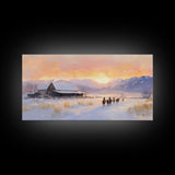 Snowy Farmhouse Sunset Framed Canvas Print, Winter Mountain Landscape Art, Rustic Country Christmas Decor, Best Winter Wall Art Gift