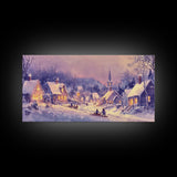 Serene Christmas Village Framed Canvas Print, Snowy Winter Landscape with Families Sledding in a Cozy Neighborhood Holiday Art