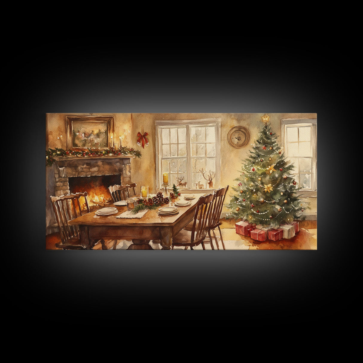 Rustic Christmas dining room scene with a Christmas tree, Framed Canvas Print with a festive table warm fireplace, farmhouse holiday decor