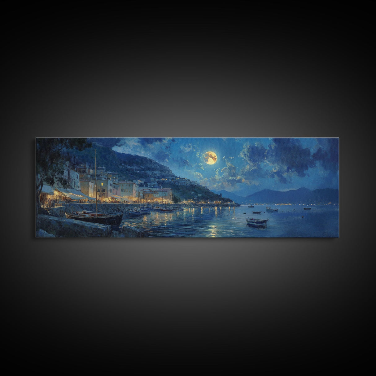 Horizontal Oil Painting Print - Italy At Night - Portofino Wall Art - Horizontal Panoramic Print - Full Moon Painting