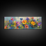 Wildflowers Field Framed Canvas Print Oil Painting, Long Horizontal Art, Vintage Spring Meadow Landscape, Panoramic Landscape Print