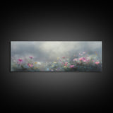 Moody Wild Flowers Under a Cloudy Sky, Panoramic Framed Canvas Print, Nature Decor, Boho Floral Wall Art, Flower Painting Gift For Her