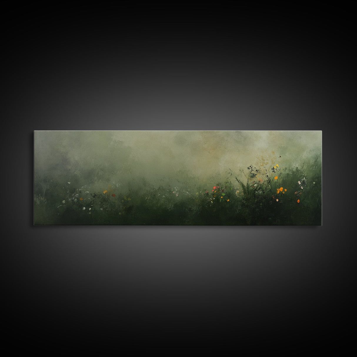 Fog Over The Wild Flowers Framed Canvas Print, Moody Muted Decor, Panoramic Painting Wall Art, Living Room Decor
