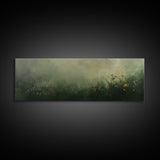 Fog Over The Wild Flowers Framed Canvas Print, Moody Muted Decor, Panoramic Painting Wall Art, Living Room Decor