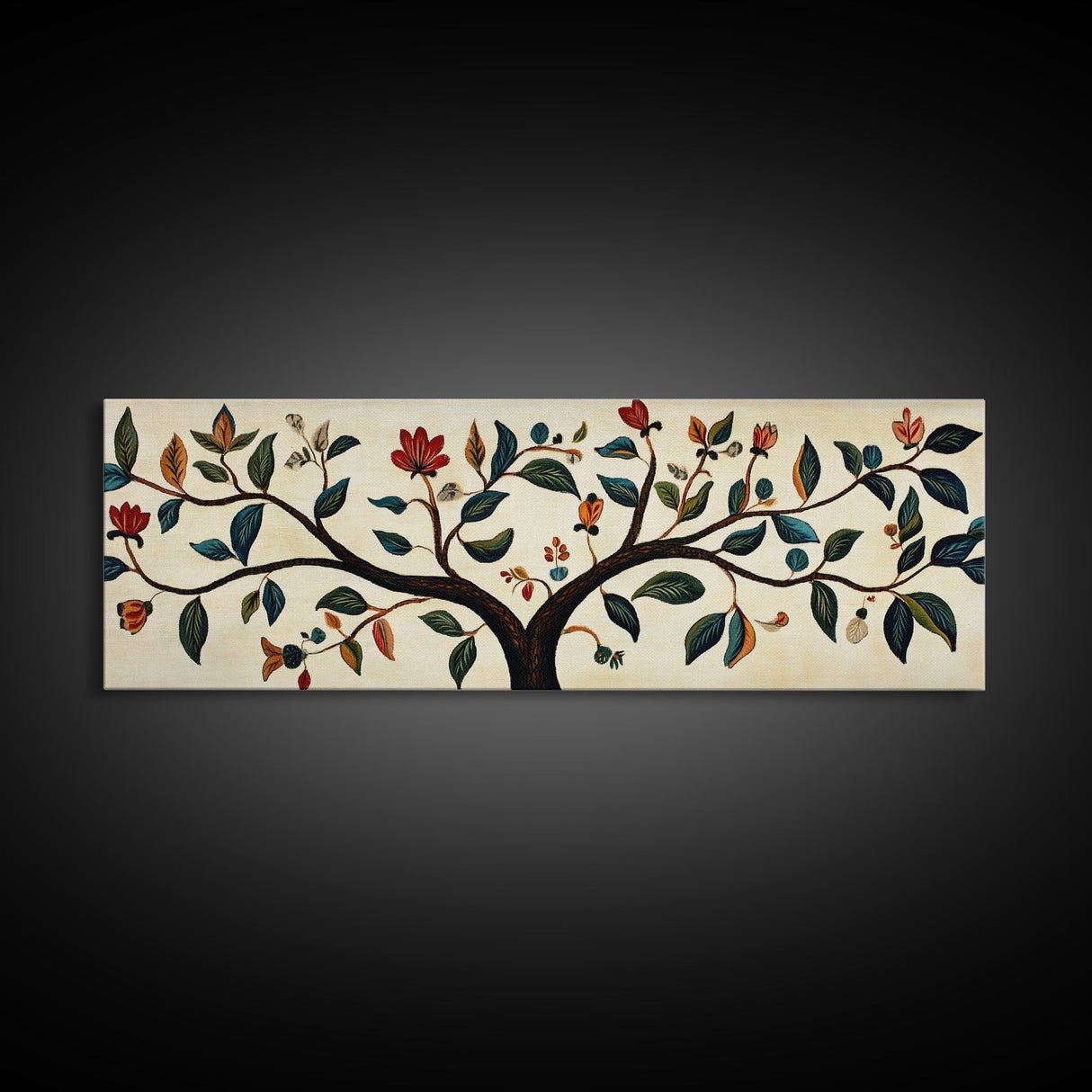 Wabi Sabi Inspired Botanical Print, Panoramic Canvas Art, Boho Style Textile Wall Art Print, Above Bed Or Sofa, Guest Room Decor