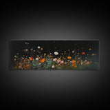 Dark & Moody Wild Flowers Under a Full Moon, Framed Canvas Print, Panoramic Extra Wide Wall Art, Oversized Home Decor