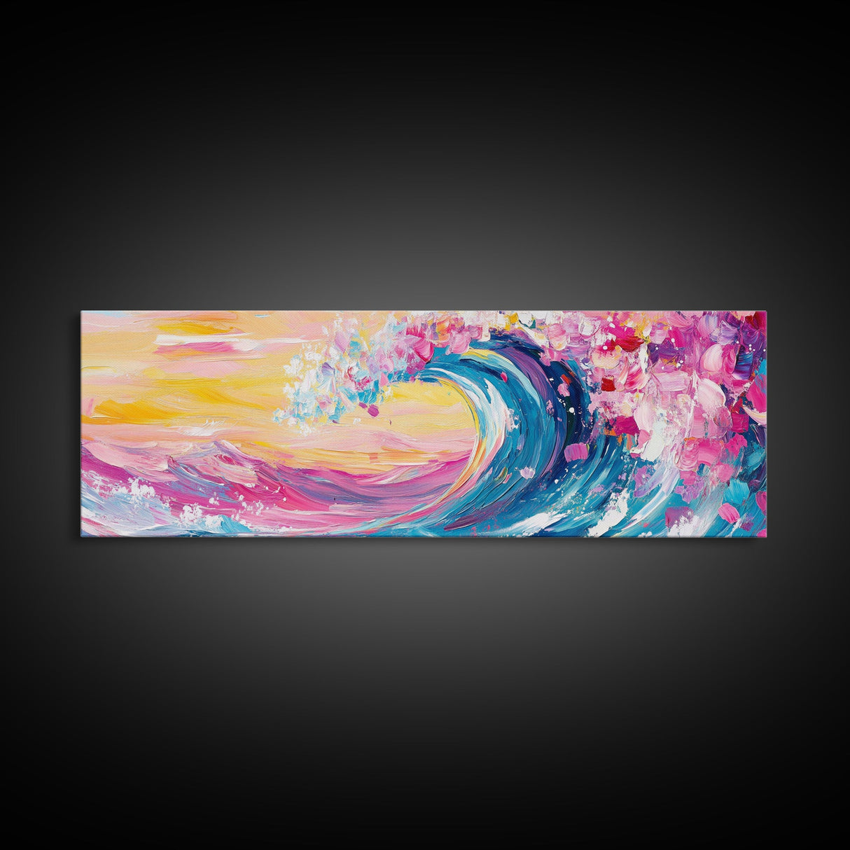 Rainbow Waves, Pink and Turquoise Ocean Waves Framed Canvas Print, Eclectic Kitsch Decor, Retro Farmhouse Wall Art