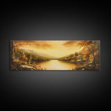 Sunset Over The Lake, Framed Canvas Print, Ultra Wide Wall Art, Panoramic Painting, Above Sofa Or Bed Wall Art, Home Decor, Calm Wall Art