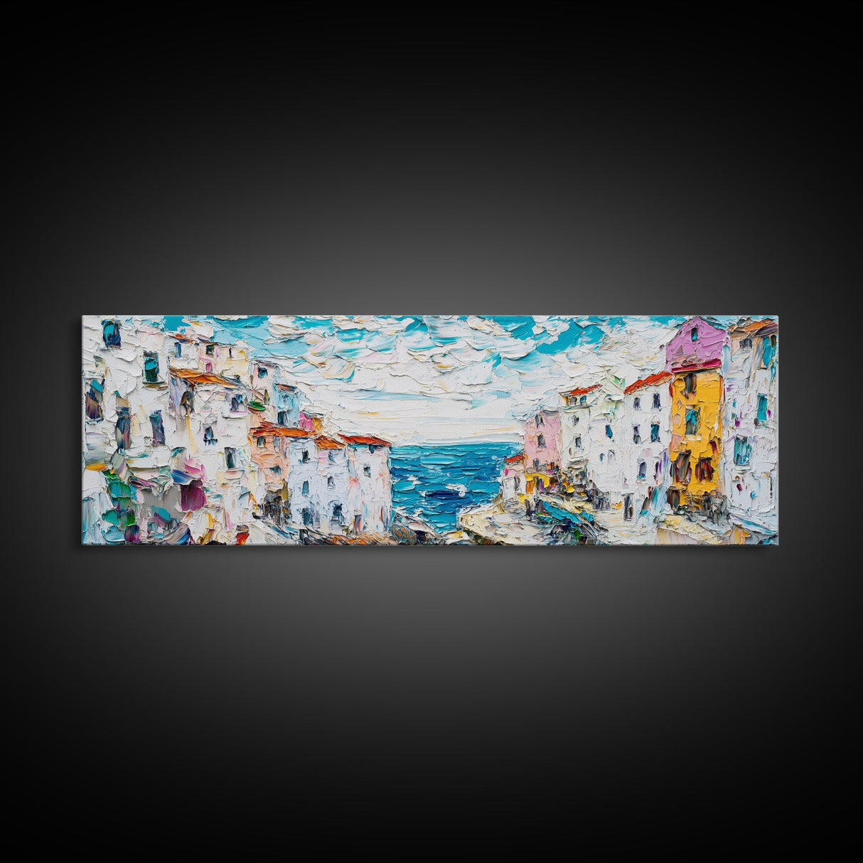 Italian Seaside Impasto Style Canvas Print, Retro Home Decor, Pastel Colors, Italy Wall Art, European Vacation Wall Art Gift
