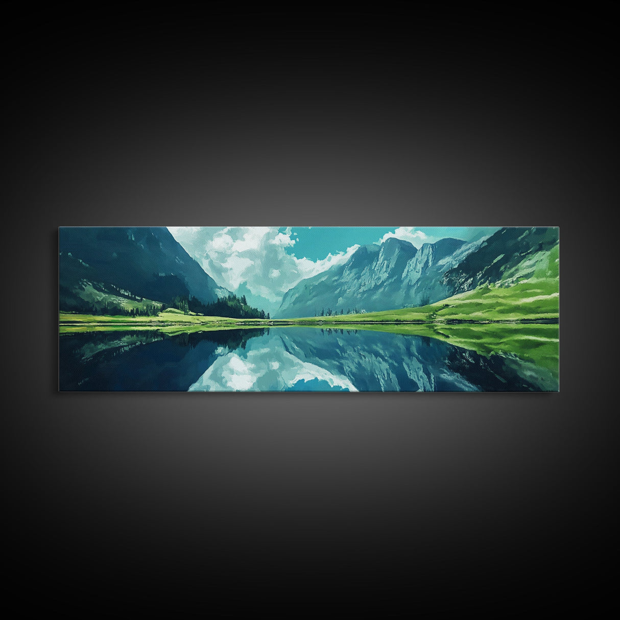 Reflections On The Lake - Framed Canvas Print - Panoramic Original Landscape Painting - Lake Painting - Mountain Painting - Minimalist Muted Art