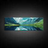 Reflections On The Lake - Framed Canvas Print - Panoramic Original Landscape Painting - Lake Painting - Mountain Painting - Minimalist Muted Art
