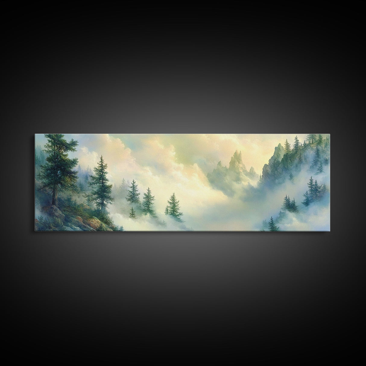 Fog In The Mountains - Framed Canvas Print - Panoramic North Carolina Painting - Blue Ridge Mountains - Original Painting Home Decor - Moody Art