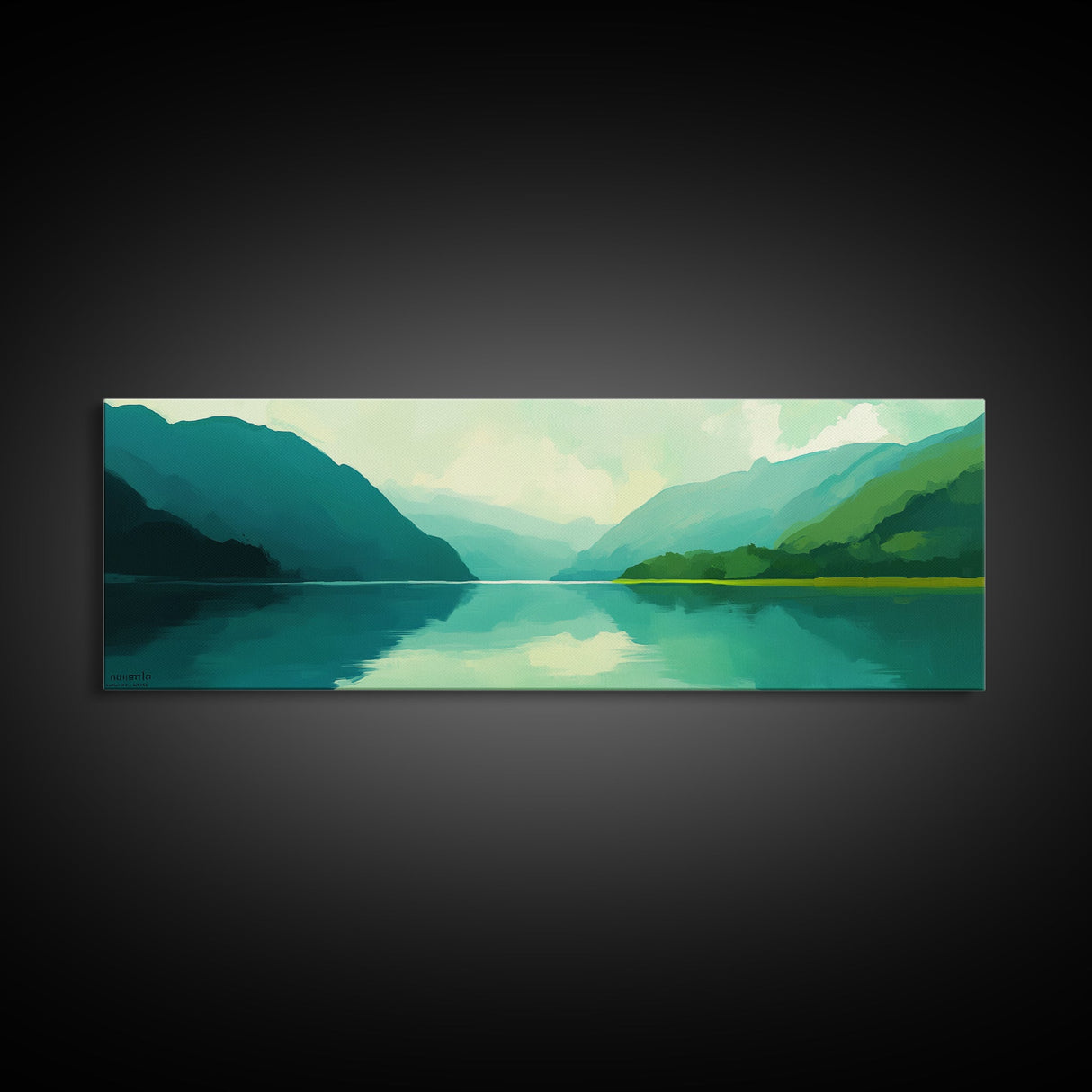 Jade Green Landscape Painting Print, Panoramic Lake Painting, Minimalist and Muted Home Decor, Emerald Green Landscape Art