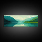 Jade Green Landscape Painting Print, Panoramic Lake Painting, Minimalist and Muted Home Decor, Emerald Green Landscape Art