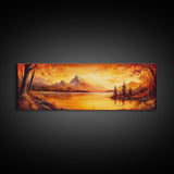 Golden Hour Over The Mountains, Sunset Landscape Painting Print, Wood Framed Artwork, Ultra Wide Panoramic Print