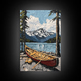 Canoe in the Mountains Framed Canvas Print, Abstract Pacific Northwest Oil Painting Print, Oregon or Washington Wall Art
