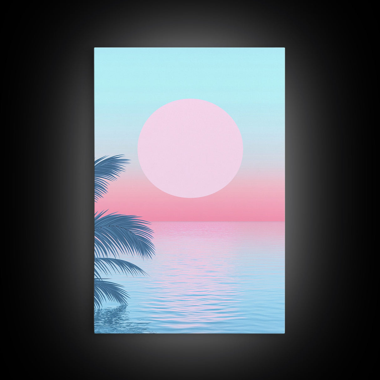 Vaporwave Sunset Framed Canvas Print with Wood Frame, Boho Style Minimalist Home Decor, Vertical Wall Art, Beach Painting