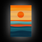 Sunset Over The Ocean Minimalist Print, Vertical Sea Sun Framed Canvas, Waves Line Art, Blue and Orange Sunset Beach House Painting