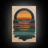 Art Deco Sunset Over The Ocean, Minimalist Home Decor Canvas Print, Emerald Green Ocean With Sunrise, Boho Art