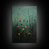 Moody Wild Flowers Print, Framed Canvas, Boho Decor, Wildflowers in a Rain Storm, Modern Farmhouse, Rustic Decor