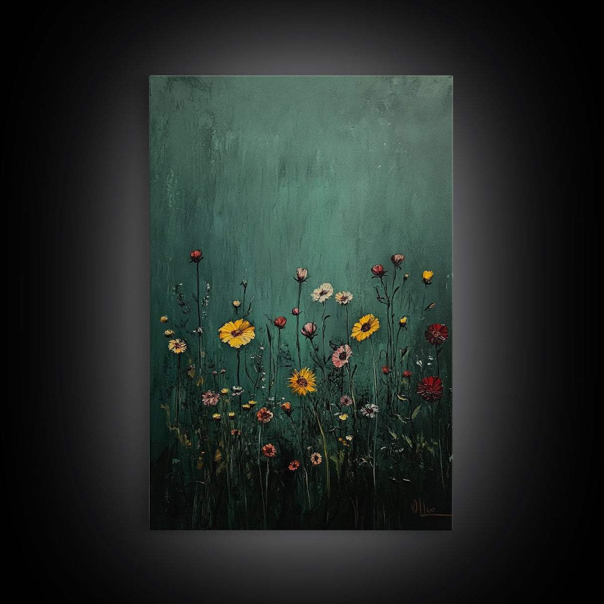 Wildflower Print, Oil Painting Flower Canvas Print Boho Botanical Wall Art, Dark and Moody Home Decor, Minimalist Bouquet