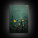 Wildflower Print, Oil Painting Flower Canvas Print Boho Botanical Wall Art, Dark and Moody Home Decor, Minimalist Bouquet