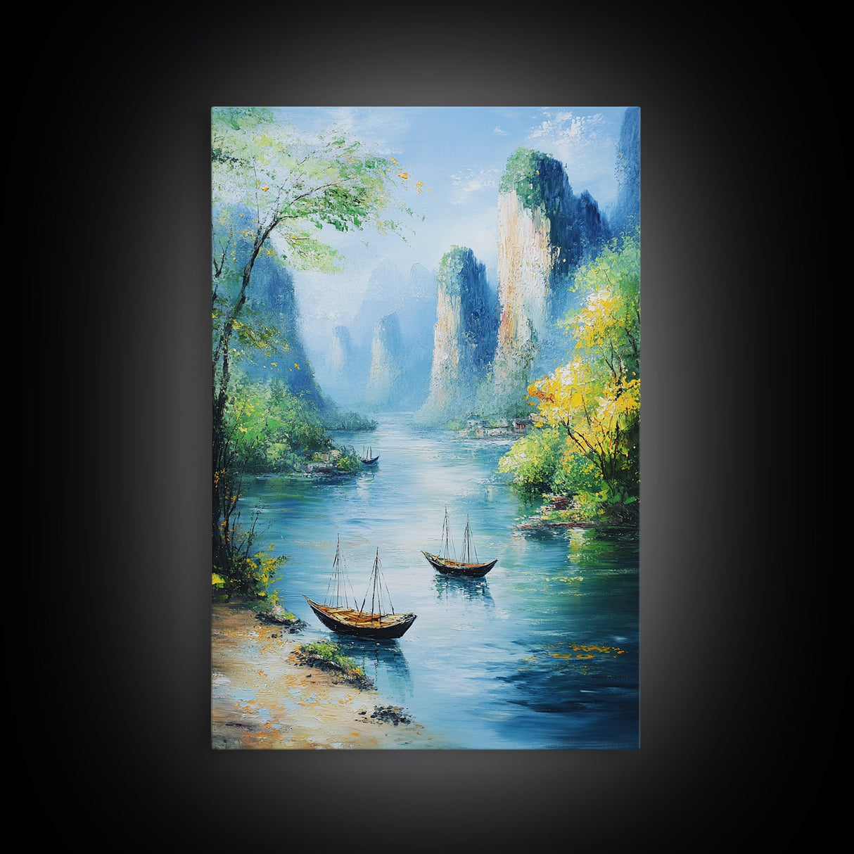 Vibrant Fantasy Art - Original Painting Framed Canvas Print - Sail Boats in The Bay - Nautical Themed Home Decor
