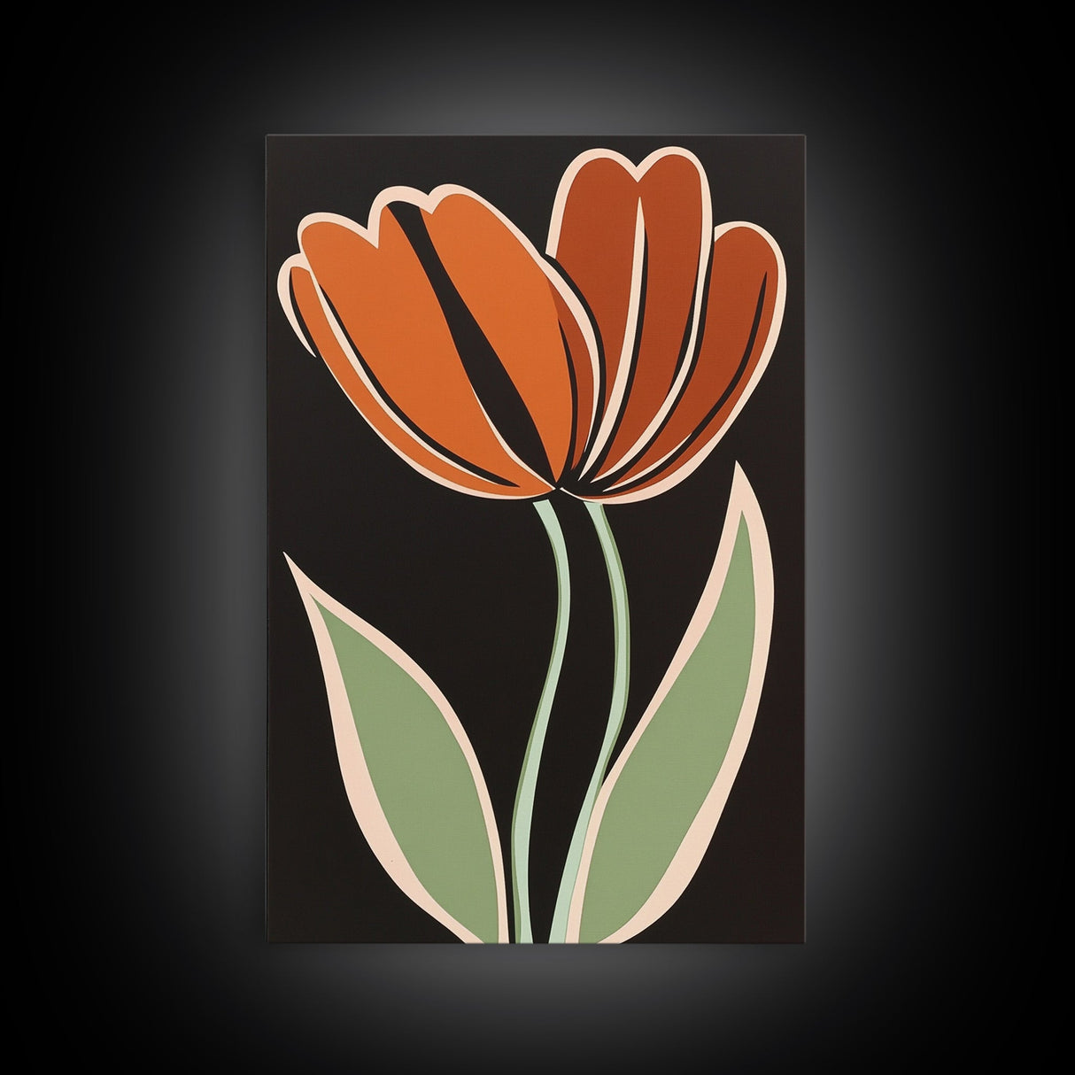 Orange Tulip  with Black Background, Framed Canvas Print, Cute Floral Print, Botanical Minimalist Home Decor