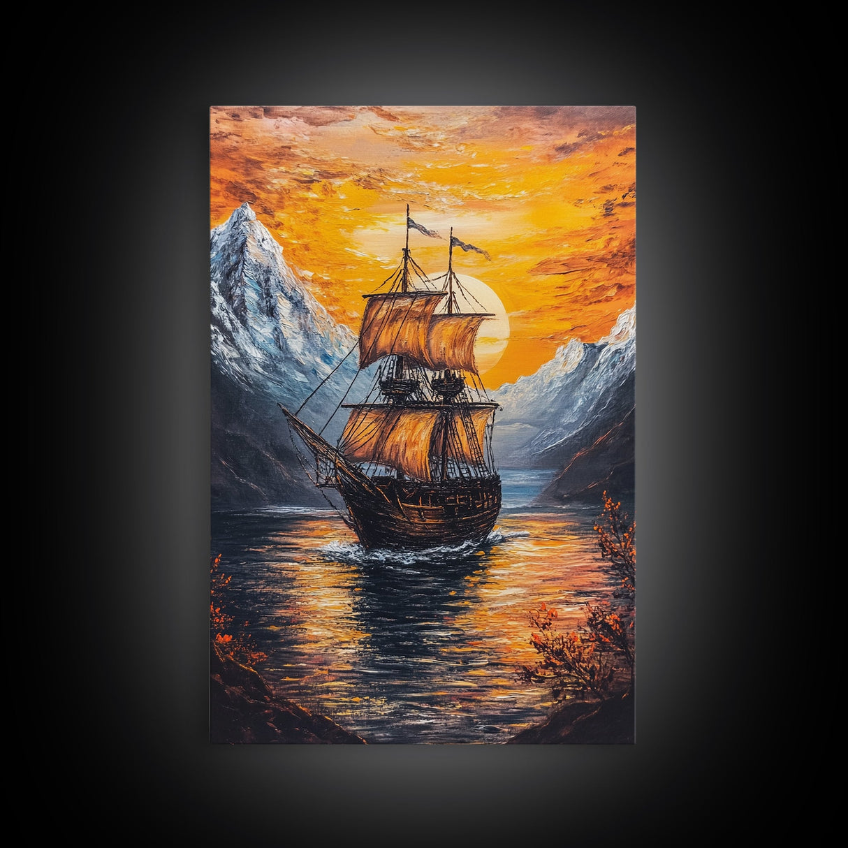 Pirate Ship Sails At Sunset, Nautical Wall Art, Fantasy Decor, Pirate Themed Art, Oil Painting, Fantasy Wall Art, Fantasy Decor
