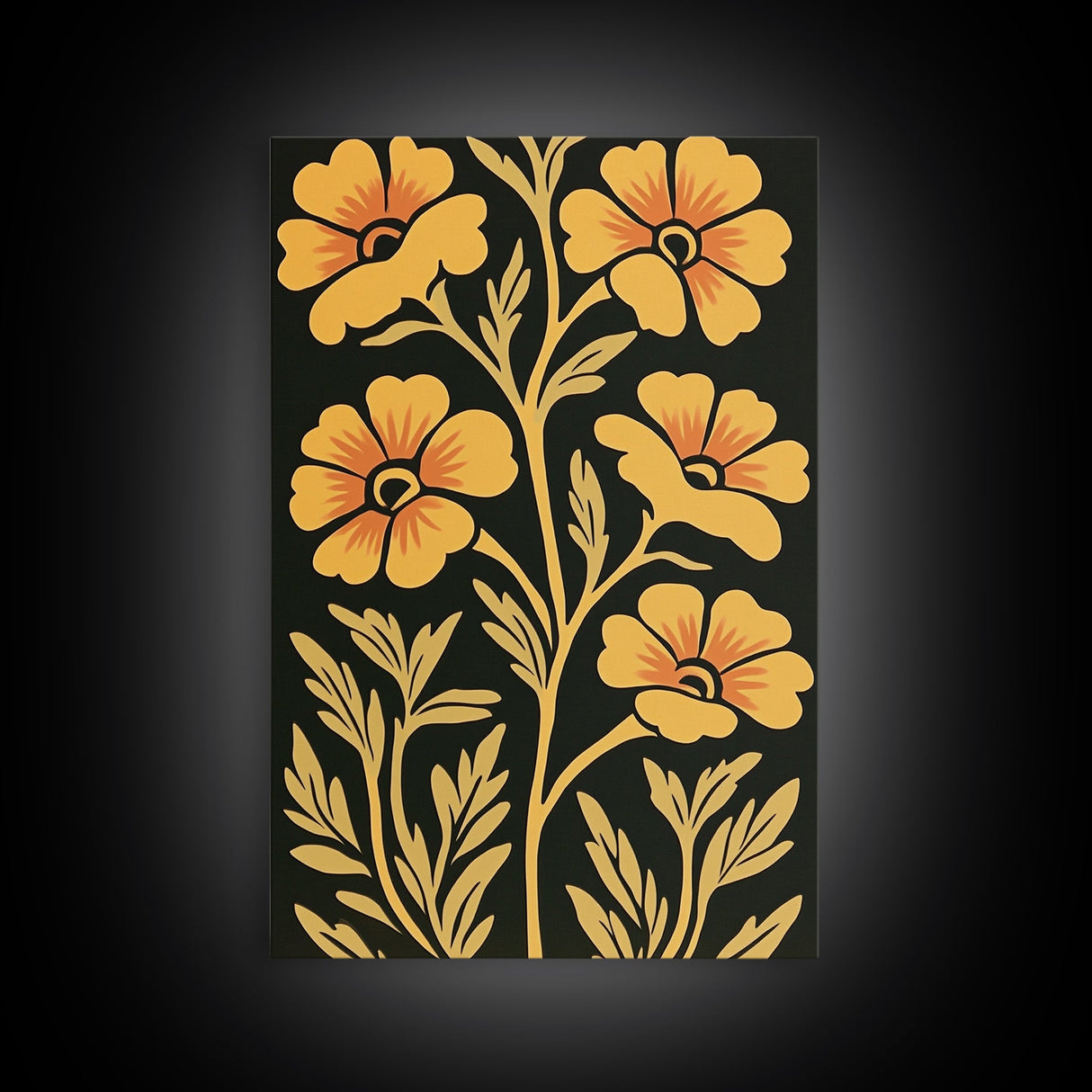 Framed Canvas Wall Art Botanical Print, Yellow Flowers on Black background, Wildflowers, Botanical Floral Modern Art, Boho Decor