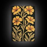 Framed Canvas Wall Art Botanical Print, Yellow Flowers on Black background, Wildflowers, Botanical Floral Modern Art, Boho Decor