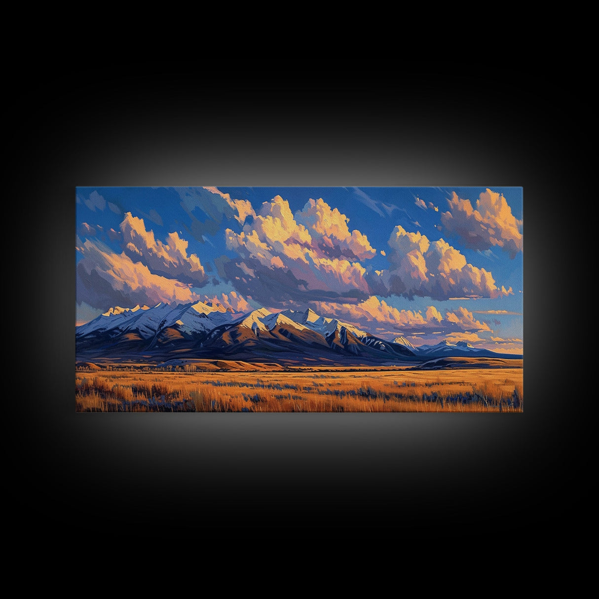 Sunset Over The Mountains Framed Canvas Print, Panoramic Art, Large Format Horizontal Panoramic Wall Art