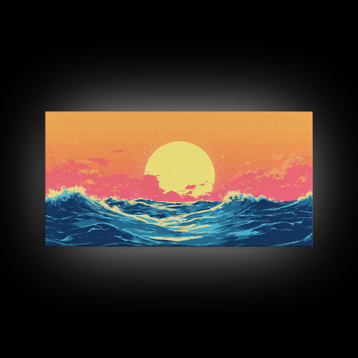 Vaporwave Sunset Over Ocean Waves Framed Canvas Print, Retro Vibes Wall Art