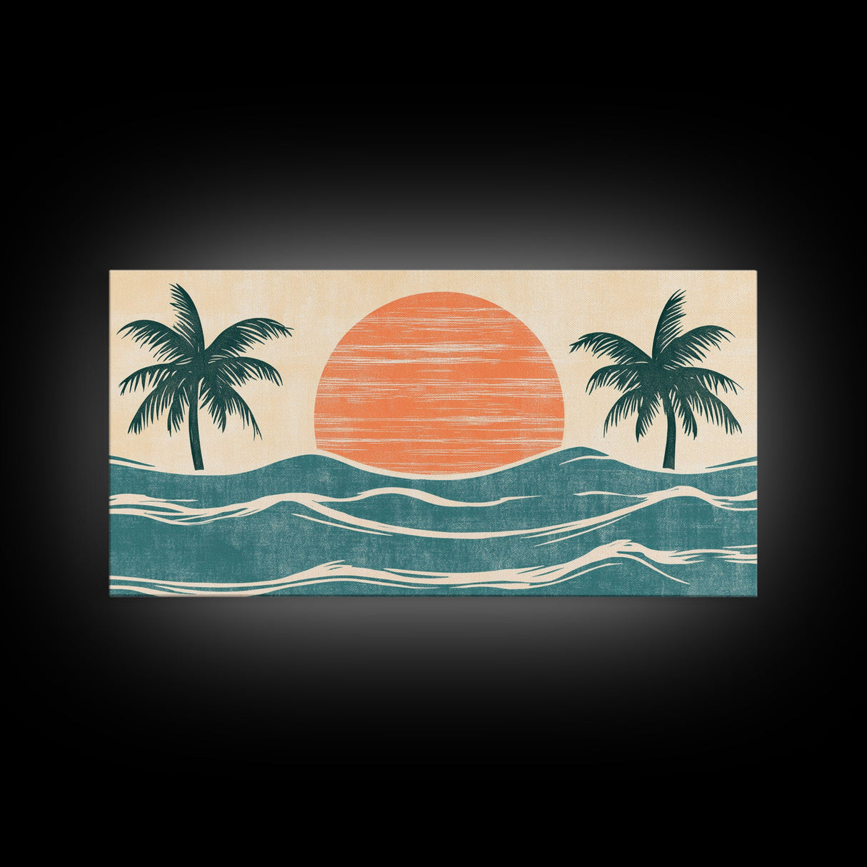 Japanese Wood Block Print Style Sunset and Palm Trees, Framed Canvas Print, Boho Style, Minimalist home Decor