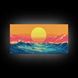 Retro Sunset Over The Ocean, Framed Canvas Print, Beautiful Synthwave Horizontal Wall Art